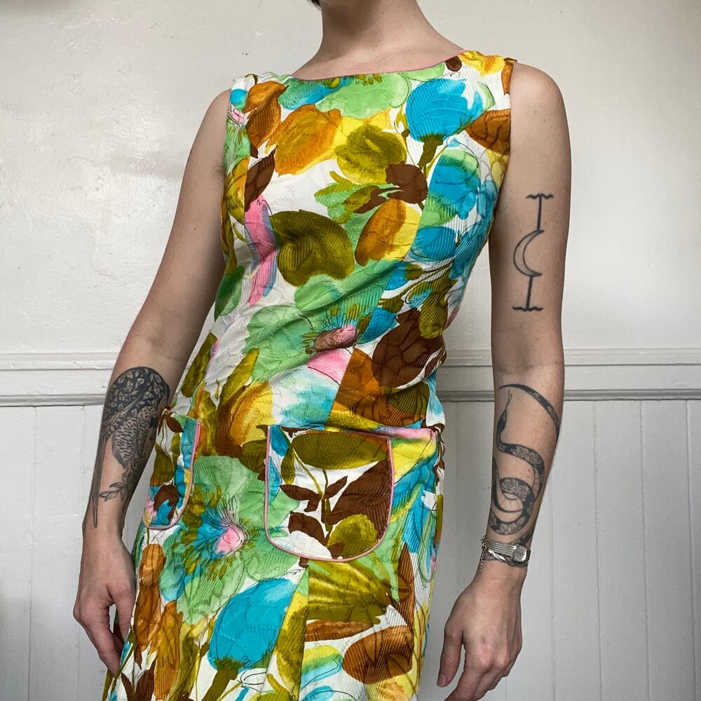 Vintage 1960s Flutterbye Green Blue Floral Tank  Mini Dress Pockets Spring